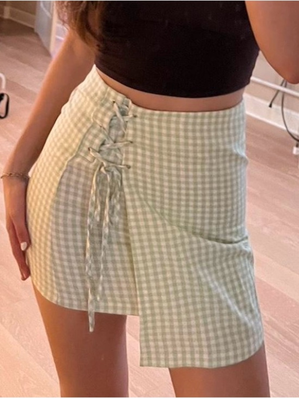 Green & White Gingham Lace-Up Mini Skirt